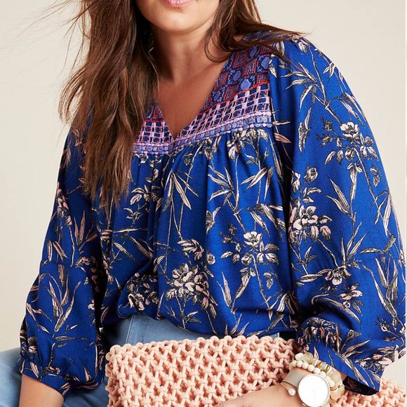 Anthropologie Tops - By Anthropologie Indigo Floral Peasant Top Boho Womens XL